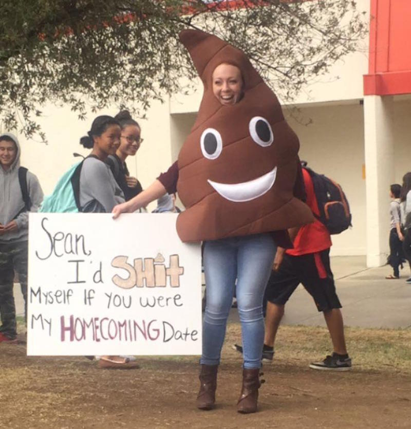 Illustration for article titled Sweet Young Woman Dresses As Poop Emoji to Ask a Guy to Homecoming